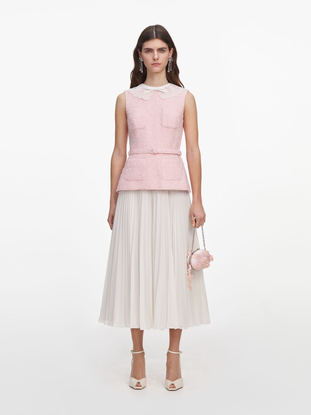 NWOT Self-Portrait Pink Boucle Lace Collar Midi Dress, Size US 6
